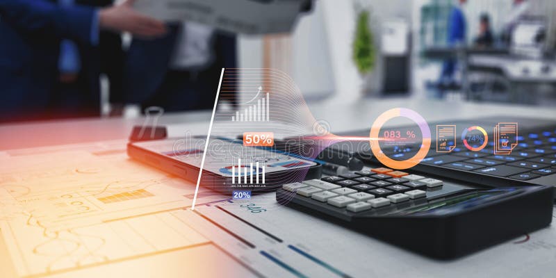 Análisis de datos financieros con interfaz digital futurista en una oficina moderna ilustración del vector
