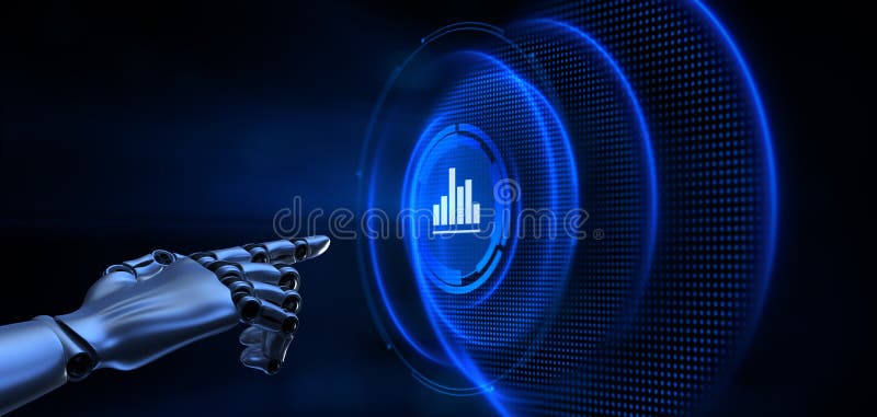 Análisis de datos análisis de análisis de negocio. representación 3d del botón de presión de mano robótica. libre illustration