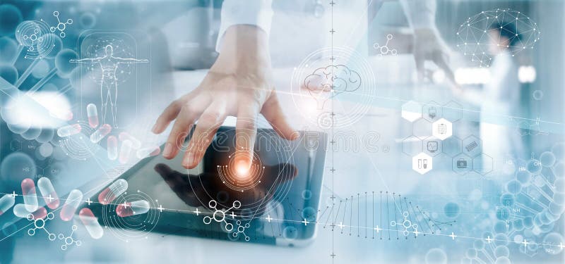 Análisis médico de medicina registro médico electrónico en la pantalla de interfaz ADN Asistencia sanitaria digital y conexión de imágenes de archivo libres de regalías