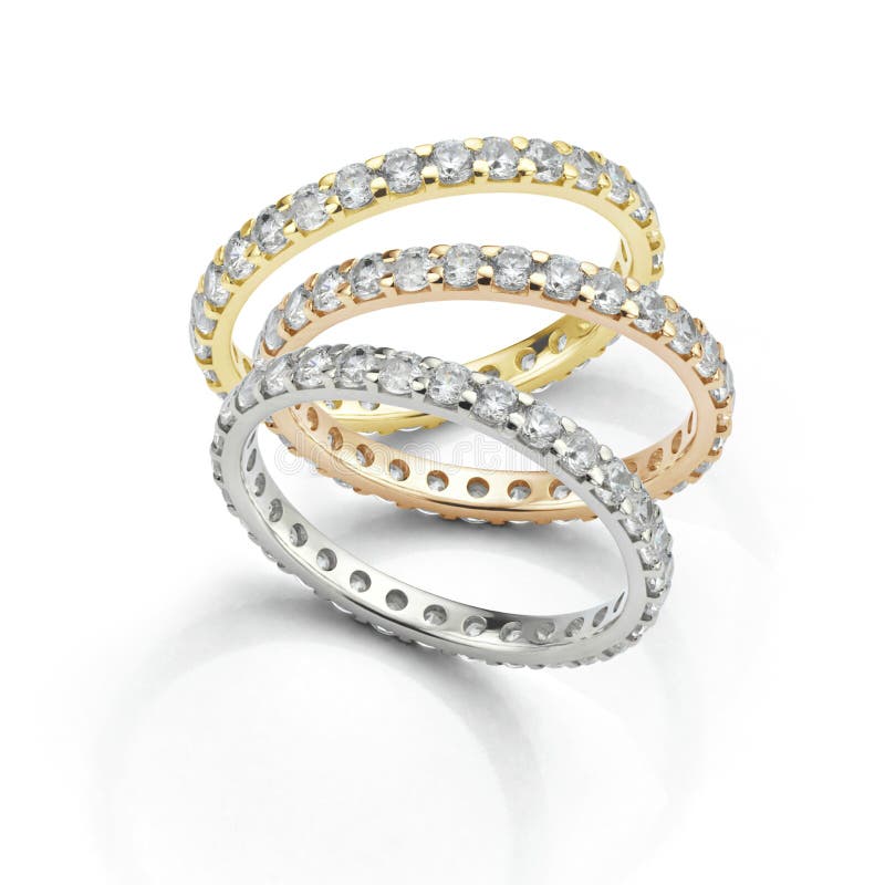 Anéis de diamante em ouro branco amarelo e ouro rosa