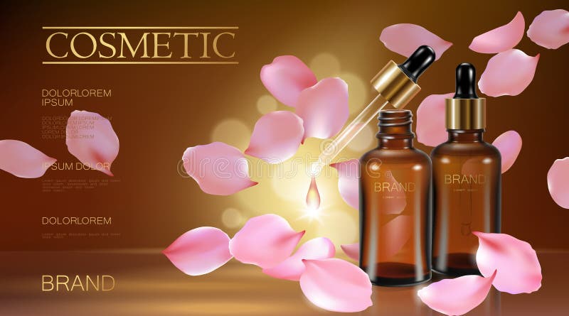 anúncio cosmético orgânico natural da flor 3d realística Cuidado de vidro da gota do óleo da cara da essência do soro do marrom d ilustração royalty free anúncio cosmético orgânico natural da flor 3d realística Cuidado de vidro da gota do óleo da cara da essência do soro do marrom d ilustração royalty free