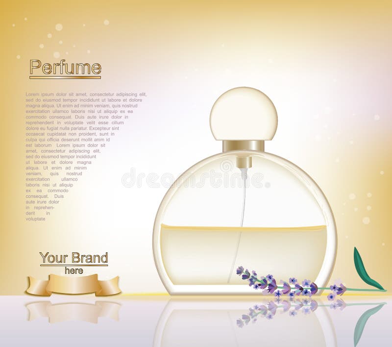 Anúncios cosméticos molde da garrafa de perfume da alfazema, zombaria da garrafa da gota acima em brilhar o fundo azul Lugar para ilustração stock
