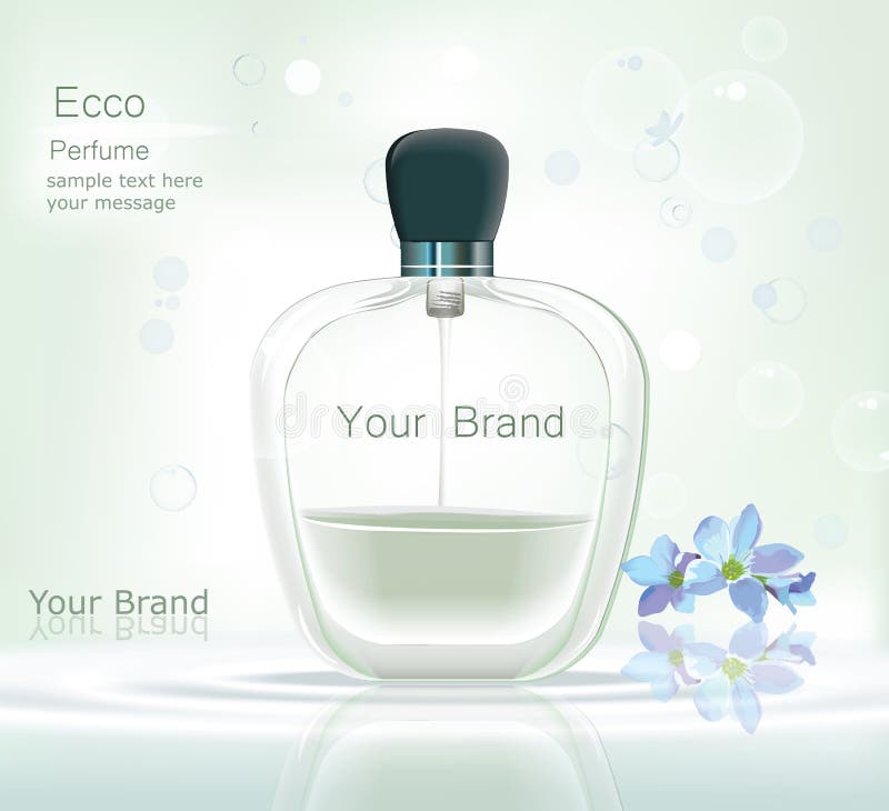 Anúncios cosméticos molde da garrafa de perfume, zombaria da garrafa da gota isolado acima em brilhar o fundo azul Lugar para o t ilustração royalty free