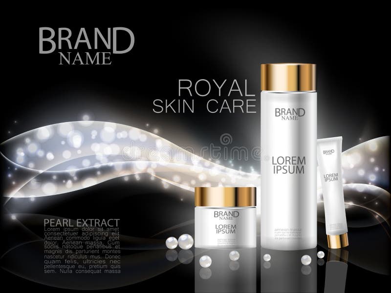 Anúncios cosméticos superiores Do extrato real da pérola do cuidado da cara a garrafa luxuosa branca e o creme na onda brilhante ilustração royalty free Anúncios cosméticos superiores Do extrato real da pérola do cuidado da cara a garrafa luxuosa branca e o creme na onda brilhante ilustração royalty free
