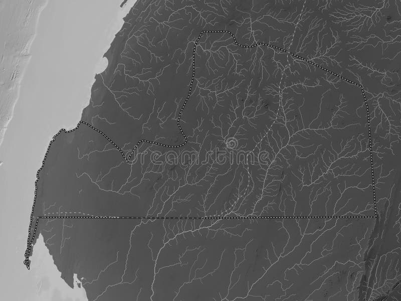 Aousserd, province of Western Sahara. Grayscale elevation map with lakes and rivers. Aousserd, province of Western Sahara. Grayscale elevation map with lakes and rivers