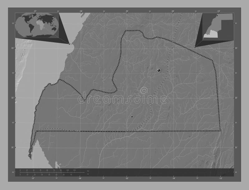 Aousserd, province of Western Sahara. Bilevel elevation map with lakes and rivers. Locations of major cities of the region. Corner auxiliary location maps. Aousserd, province of Western Sahara. Bilevel elevation map with lakes and rivers. Locations of major cities of the region. Corner auxiliary location maps