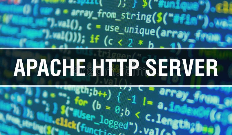 APACHE HTTP SERVERとデジタルJavaコードテキスト。APACHE HTTP SERVERとコンピュータソフトウェアコーディングのベクトルコンセプト。プログラミングコードJavaスクリプト、APACHE HTTP SERVERを画面に表示したデジタルプログラムコード