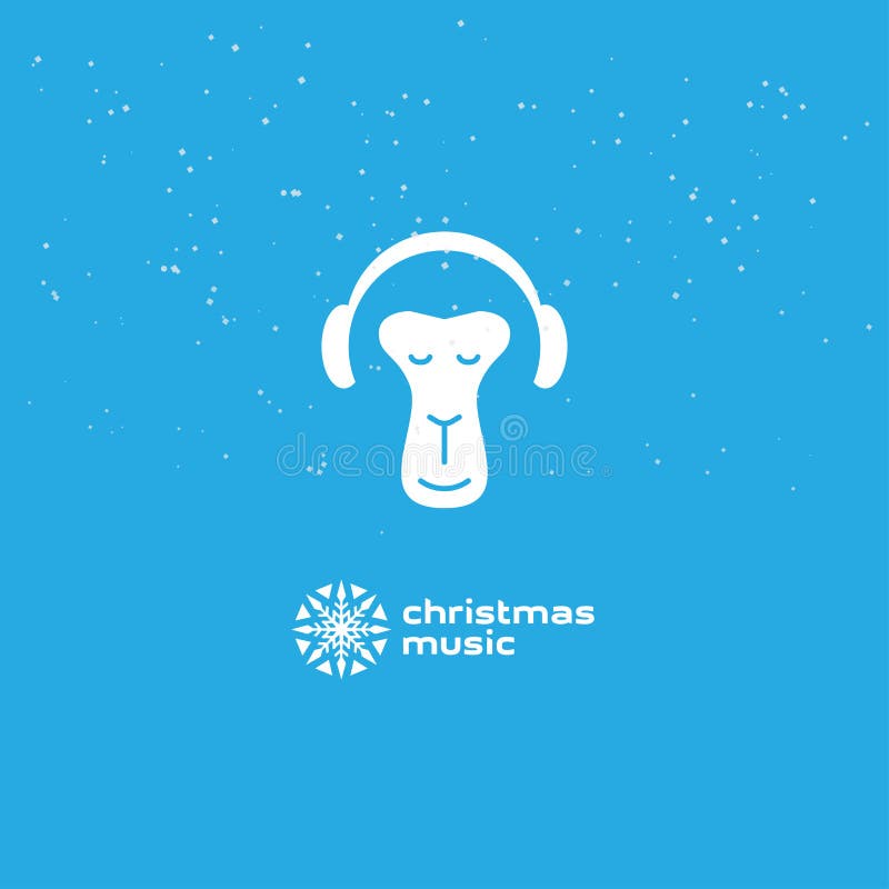 Apan tycker om julmusiken Avslappnande apa i hörlurar Logotyp med snöflingan vektor illustrationer