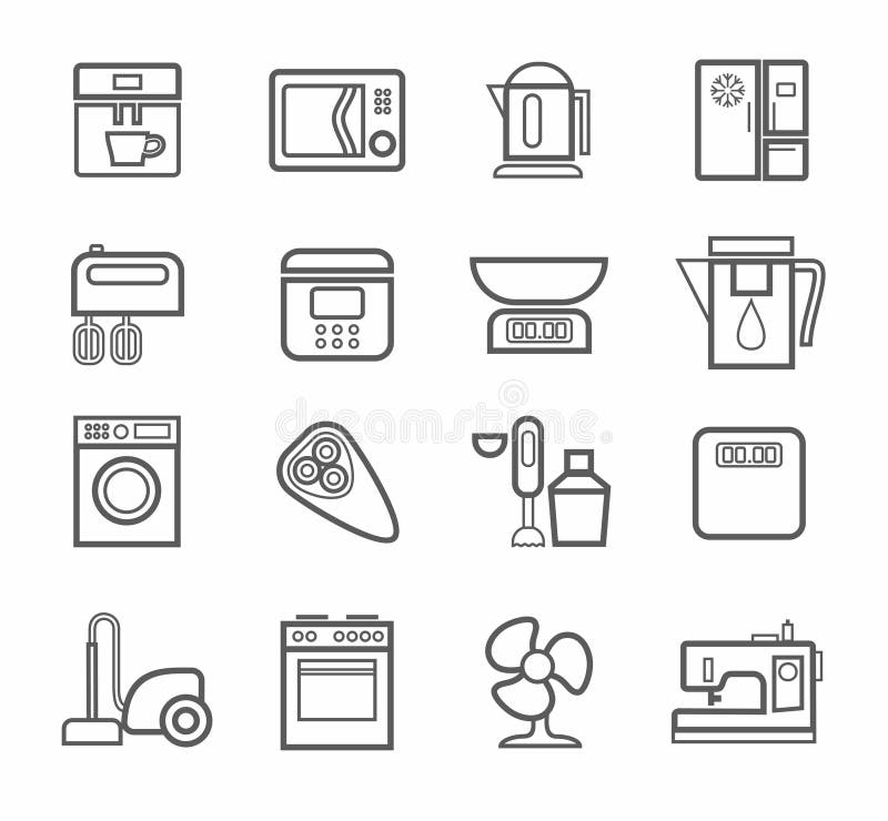  Aparatos Electrodomésticos, Iconos, Línea, Fondo Blanco Ilustración del Vector