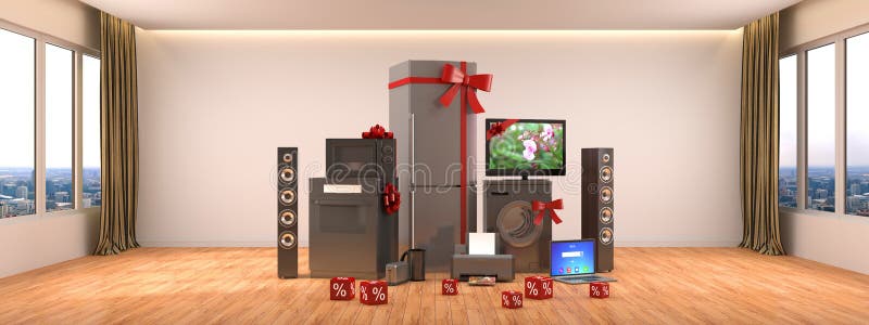 Aparatos electrodomésticos Cocina de gas, cine de la TV, refrigerador, microonda, stock de ilustración Aparatos electrodomésticos Cocina de gas, cine de la TV, refrigerador, microonda, stock de ilustración