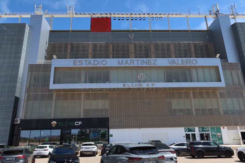 Elche, Alicante, Spain, May 3, 2024: Car park and official store on the west side of the Martinez Valero stadium of Elche football club. Elche, Alicante, Spain. Elche, Alicante, Spain, May 3, 2024: Car park and official store on the west side of the Martinez Valero stadium of Elche football club. Elche, Alicante, Spain