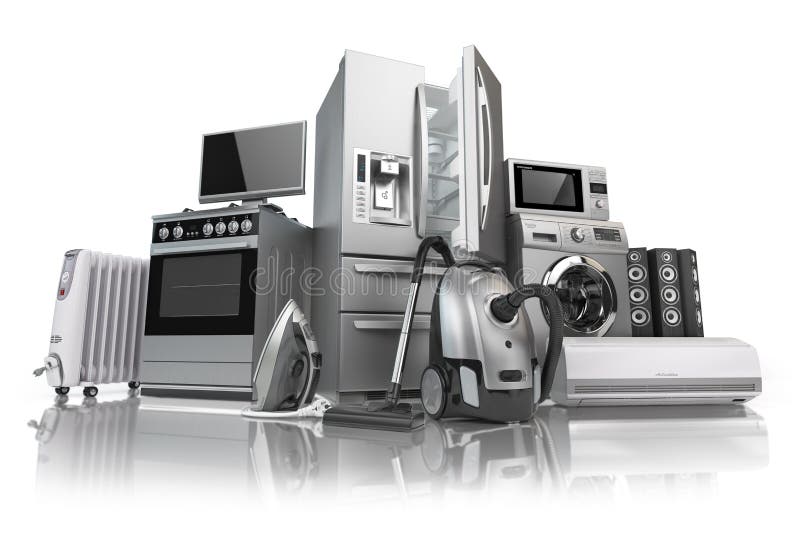 Aparelhos electrodomésticos Grupo de técnicas da cozinha do agregado familiar isolado em w ilustração stock Aparelhos electrodomésticos Grupo de técnicas da cozinha do agregado familiar isolado em w ilustração stock