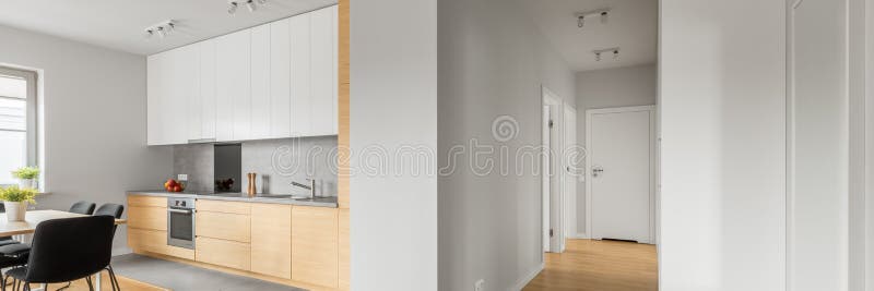 Apartamento blanco del desván con la cocina, panorama