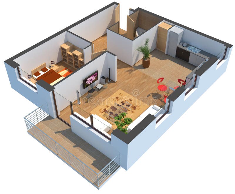 Apartamento secionado 3D com trajeto de grampeamento