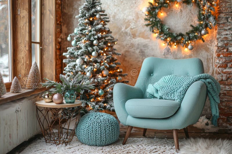 Apartamentos clásicos adornados con un árbol de Navidad y regalos decorados. Nochebuena bañada a la luz de imagen de archivo libre de regalías