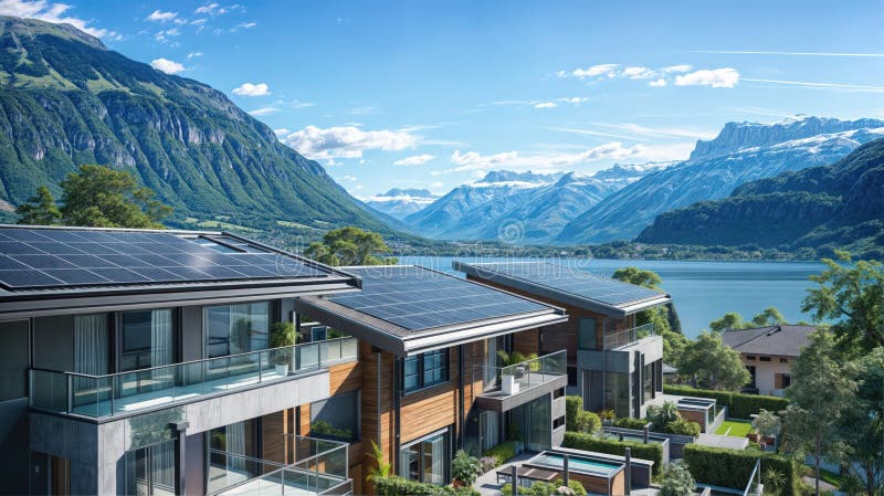 Picture of Modern multi-story apartment building with solar panels and balconies ...