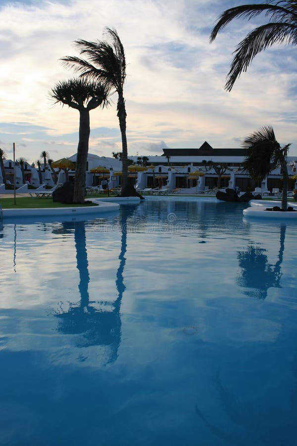 Apartments, palm trees and pool