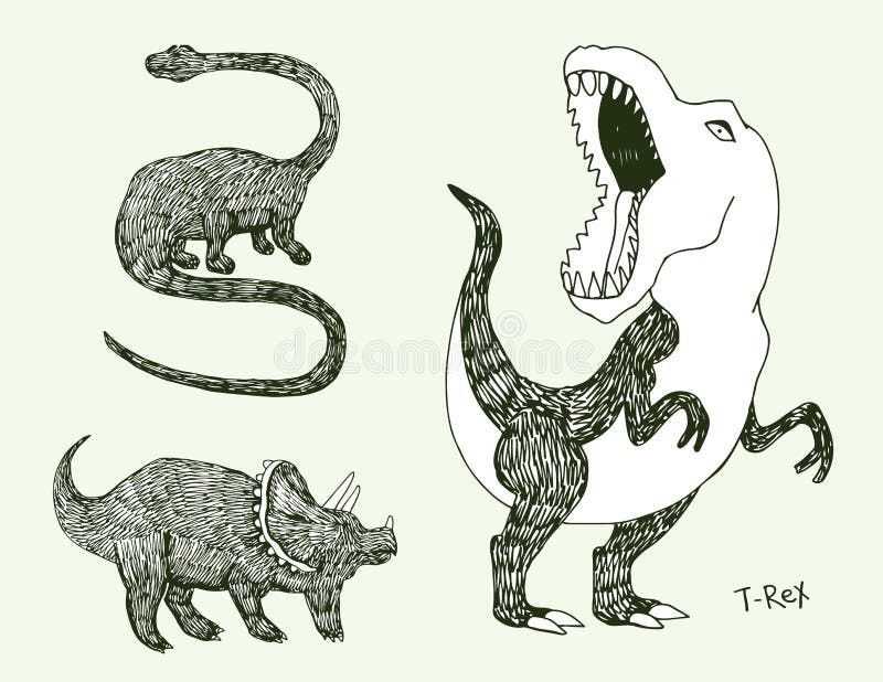 Apatosaurustriceraptoren och ilsken tyrannosarierex med den öppna enorma munnen skissar Hand-dragen dinosaurieuppsättning Djur ve vektor illustrationer Apatosaurustriceraptoren och ilsken tyrannosarierex med den öppna enorma munnen skissar Hand-dragen dinosaurieuppsättning Djur ve vektor illustrationer