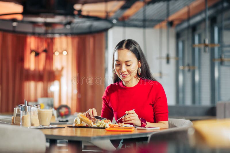 Apelar a la mujer con el pelo oscuro largo que come el almuerzo en restaurante imagen de archivo Apelar a la mujer con el pelo oscuro largo que come el almuerzo en restaurante imagen de archivo