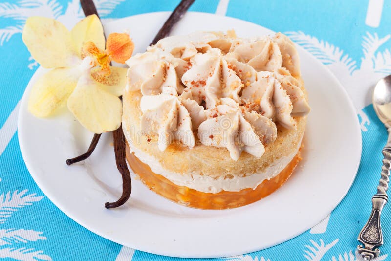 Apelmácese con la vainilla, postre, palillos, flor, orquídea, en un primer de la placa, las capas poner crema imagenes de archivo Apelmácese con la vainilla, postre, palillos, flor, orquídea, en un primer de la placa, las capas poner crema imagenes de archivo