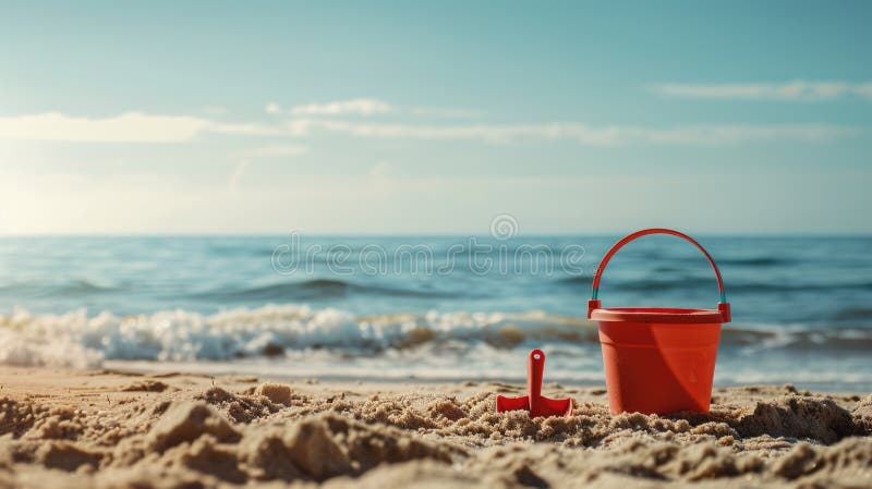 An orange bucket and shovel are resting on the sandy beach, surrounded by azure water and a clear sky in a coastal ecoregion. A perfect spot for leisure and travel in this natural coastal AI generated. An orange bucket and shovel are resting on the sandy beach, surrounded by azure water and a clear sky in a coastal ecoregion. A perfect spot for leisure and travel in this natural coastal AI generated