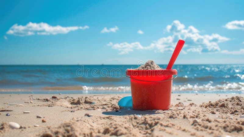 An orange bucket and shovel are resting on the sandy beach, surrounded by azure water and a clear sky in a coastal ecoregion. A perfect spot for leisure and travel in this natural coastal AI generated. An orange bucket and shovel are resting on the sandy beach, surrounded by azure water and a clear sky in a coastal ecoregion. A perfect spot for leisure and travel in this natural coastal AI generated