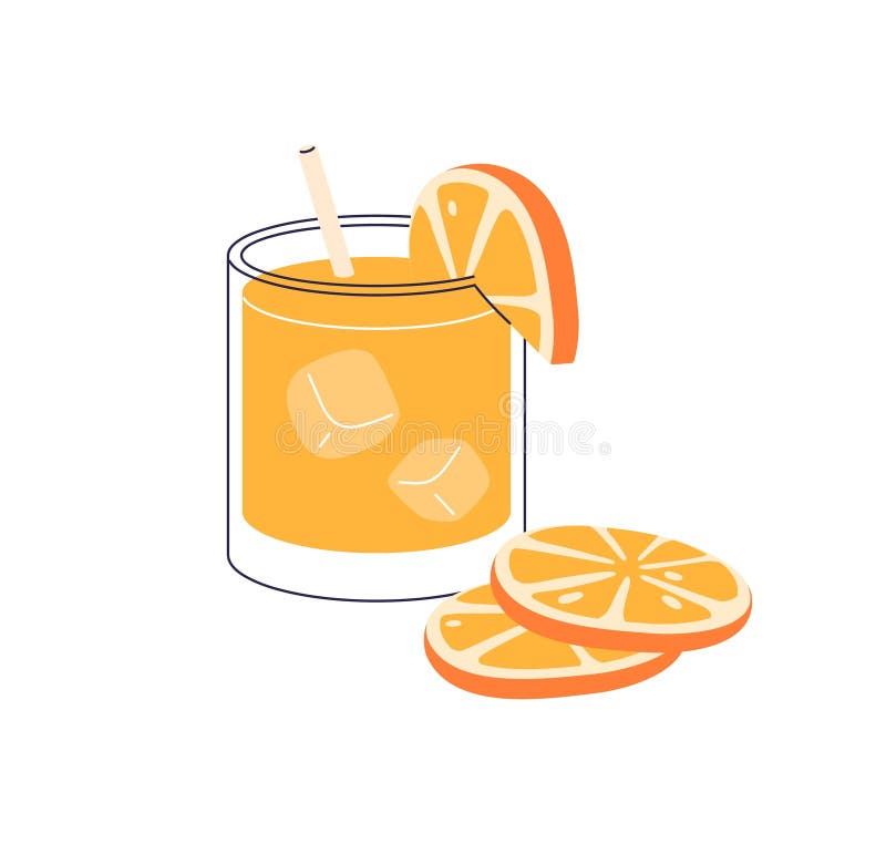 Apelsinsaft med is och halm i glas. Sommardryck, färsk citrusdryck. Kall naturlig citonad organisk vitamin stock illustrationer