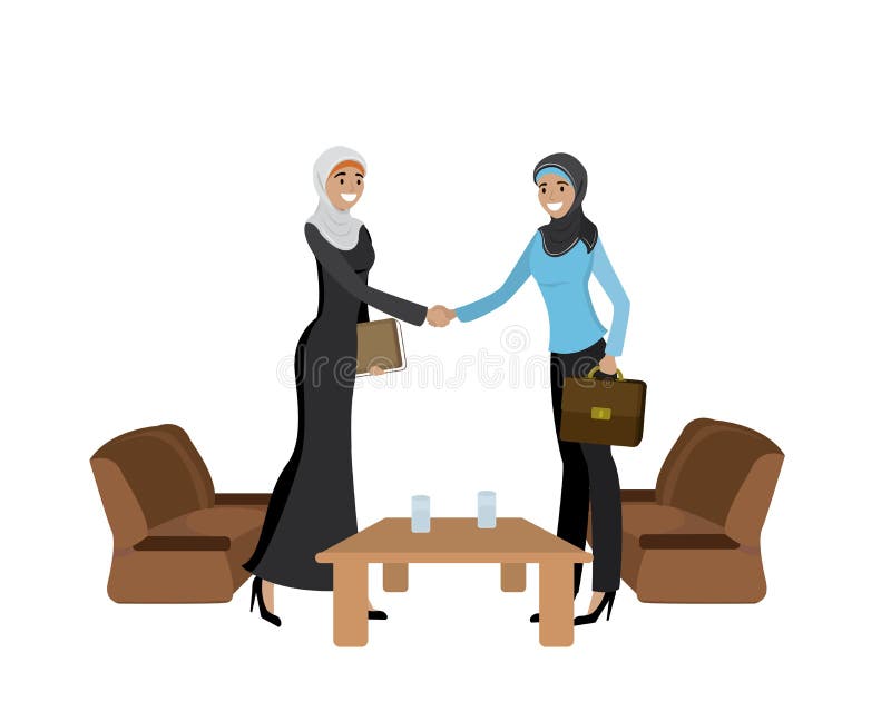 Aperto de mão de duas mulheres de negócio muçulmanas que vestem hijabs ilustração stock Aperto de mão de duas mulheres de negócio muçulmanas que vestem hijabs ilustração stock