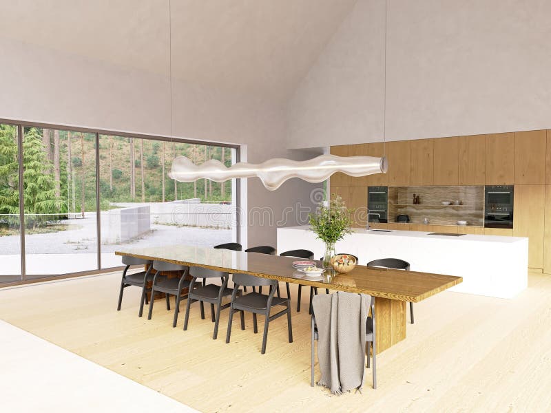 Aperto piano spazio abitativo spazioso per la cena e la cucina con luce naturale e dettagli in legno. Interno domestico di lusso m illustrazione vettoriale