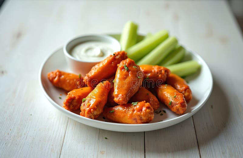 Apetitosas alas de búfalo con salsa de queso azul. Plata con alas de pollo apio palitos de apio salsa de salsa cremosa sobre mader fotografía de archivo libre de regalías
