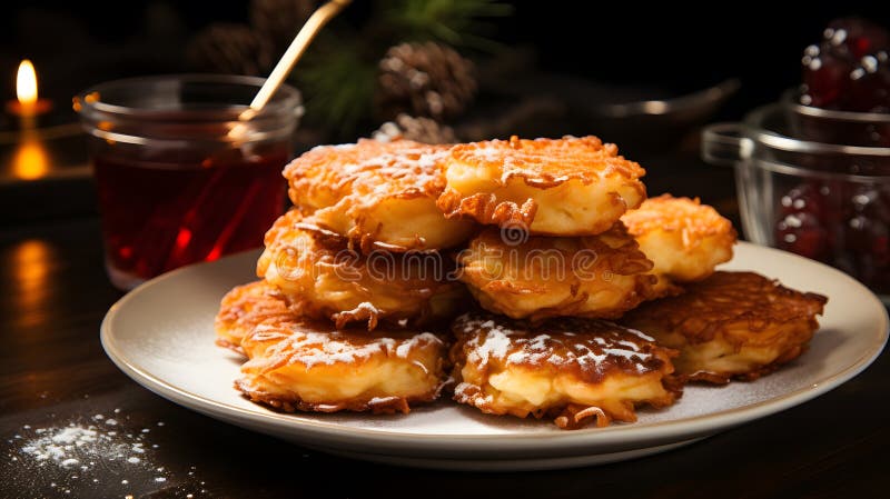 Apetytujący obraz świeżo smażonych latkesów i cierpi na pyszne smaki, które dodają smaku świętom hanukkah ilustracji