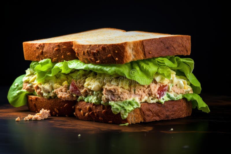 Appetizing Sandwich hard boiled egg tuna. Meal wooden. Generate Ai AI generated. Appetizing Sandwich hard boiled egg tuna. Meal wooden. Generate Ai AI generated