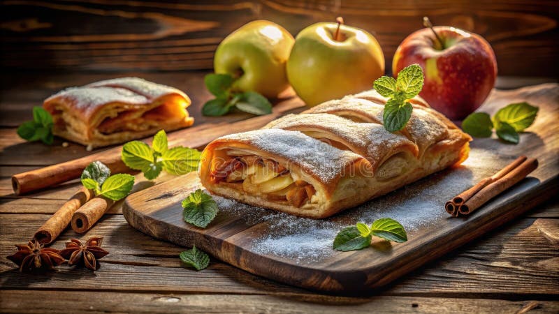 Apfelstrudel mit Zimt-Puderpulver und frischen Minzblättern auf rustikalem Holzbrett. Generative AI lizenzfreie abbildung