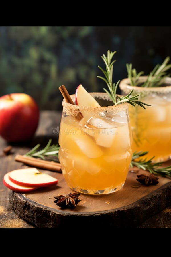Apfelwein-Cocktail mit Apfelschnitzeln und Rosmarin-Krawatten stockbilder