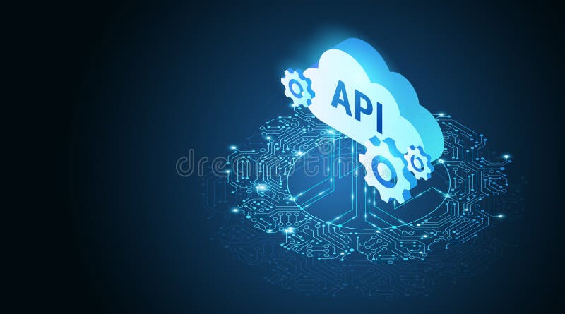 API cloud and gears connected to data network - abstract technology background stock illustration
