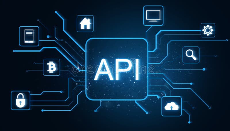API concept with data and technology icons on digital neon network lines. 3D Rendering. API concept with icons representing data, security, and technology, designed in neon blue lines on a dark background. Technology concept.