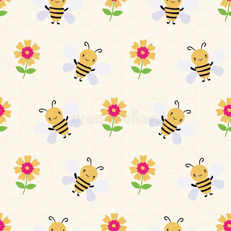 Api e fiori svegli del miele del fumetto sul fondo giallo sottile del favo Reticolo senza giunte di vettore Grande per i bambini, illustrazione vettoriale Api e fiori svegli del miele del fumetto sul fondo giallo sottile del favo Reticolo senza giunte di vettore Grande per i bambini, illustrazione vettoriale