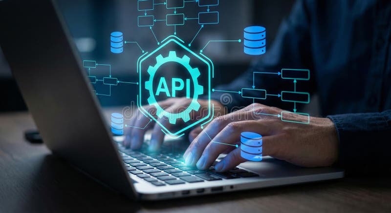 Developer working on complex application programming interface. Glowing gear flowchart connects virtual data storage and structural nodes. Excellent for backend system architecture, IT infrastructure planning, Or tech engineering projects. Developer planning illustrations