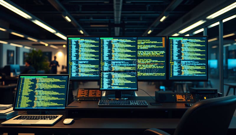 酷炫企业办公室中精美的 API 终端设置正面照，屏幕上闪烁着 Python 代码 库存例证