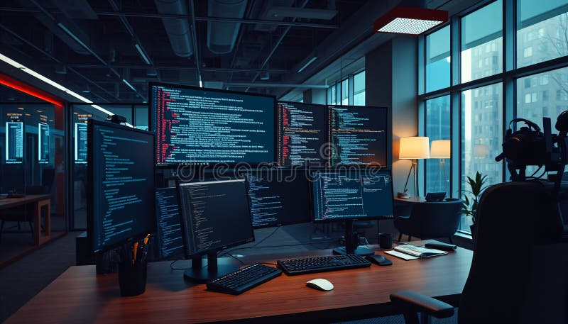 酷炫的企业办公室中，展示着活跃 API 终端数据的精细 Python 编程终端设置的全景视图 向量例证