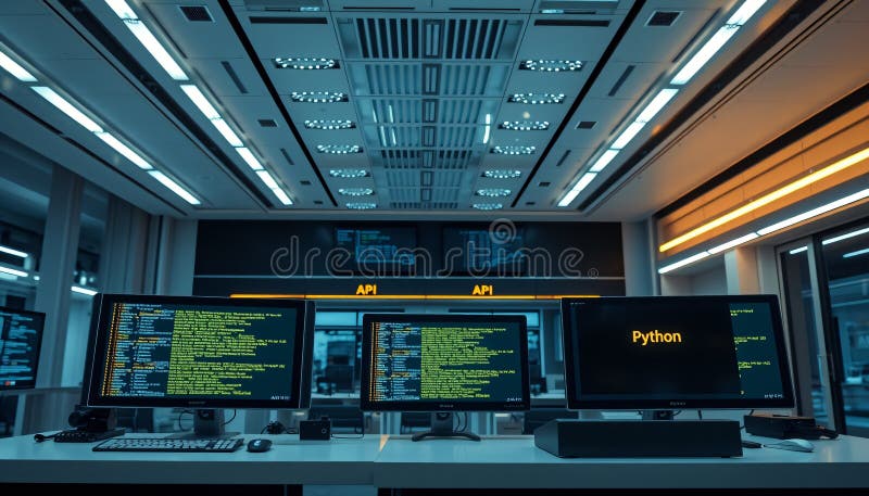 高端金融设施中精巧的 API 终端设置的整洁建筑摄影，屏幕上闪烁着 Python 代码 库存例证
