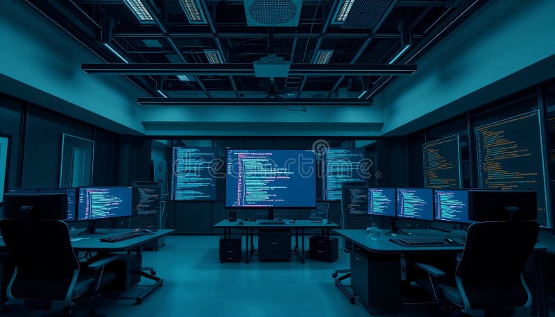 酷炫的企业办公室内，配备尖端 API 终端设置的宽景视图，屏幕上闪烁着 Python 代码 向量例证