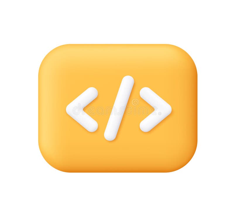 סמל קידוד לבן על כפתור מרובע צהוב. סמלי API של Python או Java. תגיות קוד או תכנות. תכנות, קידוד איור סטוק