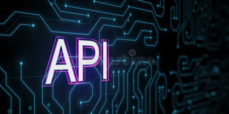 API text on digital circuit board background with neon blue lines. 3D Rendering stock illustration