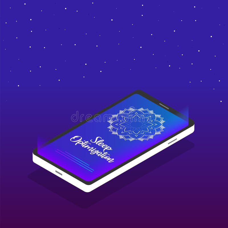 Aplicação da otimização do sono Ícone do telefone celular no projeto isométrico com uma mandala na tela e no texto - otimização d ilustração do vetor Aplicação da otimização do sono Ícone do telefone celular no projeto isométrico com uma mandala na tela e no texto - otimização d ilustração do vetor