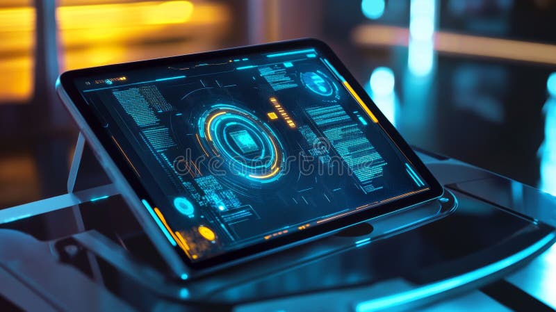 Aplicația futuristă prezintă codarea în timp real a lecțiilor cu imagini dinamice pe un tabletă. AI generativ. O tabletă elegantă afișează o lecție de codificare adaptivă care include imagini strălucitoare și diagrame interactive în timpul unei sesiuni tehnice moderne