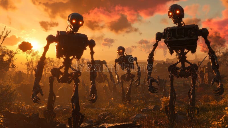 Apocalyptic Landscape with Mutated AI Robots Marching at Sunset vector illustration