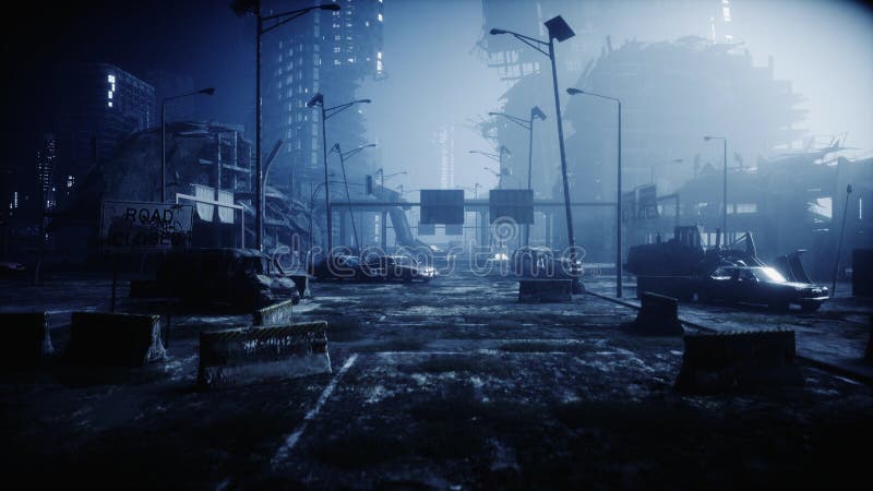 Apokalypsstad i dimma Flyg- sikt av den förstörda staden Apokalypsbegrepp framförande 3d