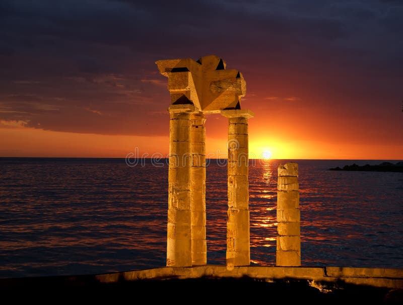 Apollo Temple at the Acropolis of Rhodes at night, Greece