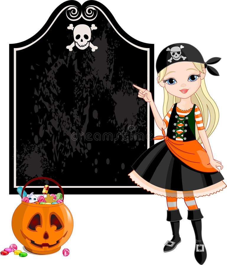 Apontar da menina do pirata de Halloween ilustração stock Apontar da menina do pirata de Halloween ilustração stock